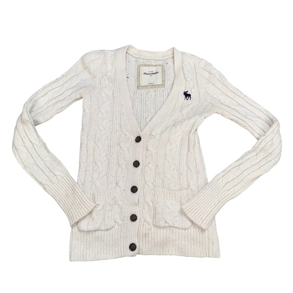 Abercrombie Kids Cardigan Large Off White Excellent Cable Knit Wool Blend Logo